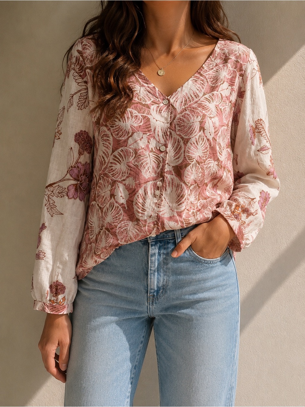 Tahari Pink & Cream Leaf Print Linen Button-Down Blouse Size Small